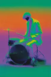 Midjourney generated image using SREF code Infrachrome: A man playing a drum set on a colorful background.
