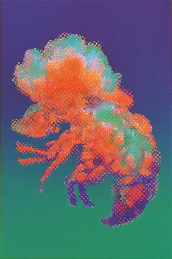 Midjourney generated image using SREF code Infrachrome: An orange and green lobster on a purple and green background.