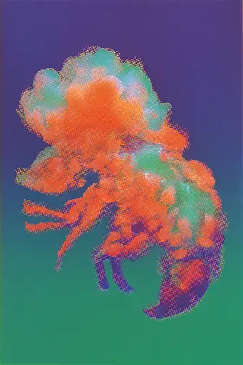 Midjourney generated image using SREF code Infrachrome: An orange and green lobster on a purple and green background.