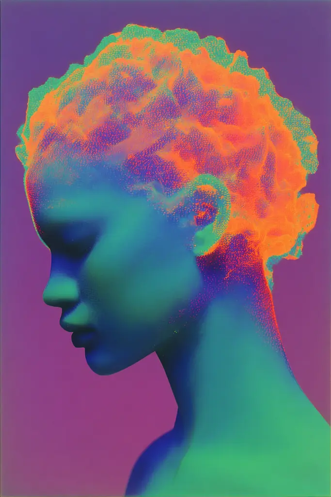 Midjourney generated image using SREF code Infrachrome: A woman's head is shown with a colorful background.
