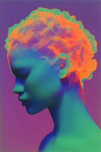 Midjourney generated image using SREF code Infrachrome: A woman's head is shown with a colorful background.