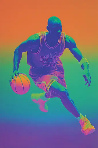 Midjourney generated image using SREF code Infrachrome: A man in a basketball uniform is running with a ball.