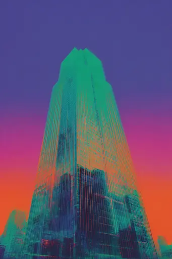 Midjourney generated image using SREF code Infrachrome: A tall skyscraper in the middle of a city at sunset.