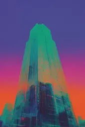 Midjourney generated image using SREF code Infrachrome: A tall skyscraper in the middle of a city at sunset.