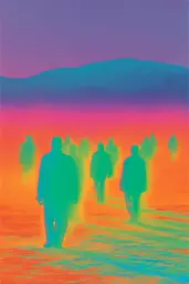 Midjourney generated image using SREF code Infrachrome: A group of people walking on a beach at sunset.
