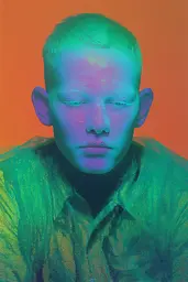 Midjourney generated image using SREF code Infrachrome: A man with green hair and a green shirt.