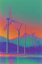 Midjourney generated image using SREF code Infrachrome: A group of windmills in a field with mountains in the background.