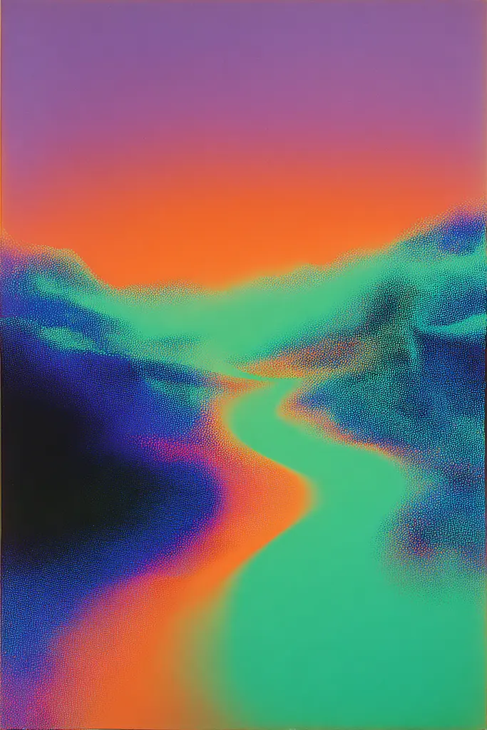Midjourney generated image using SREF code Infrachrome: a painting of a river in the middle of a field