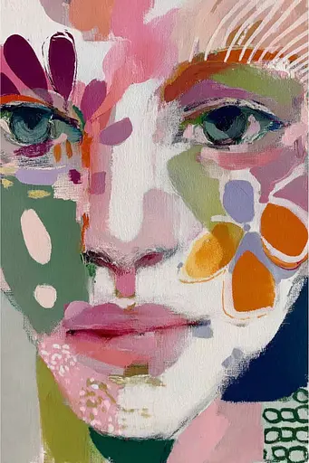Midjourney generated image using SREF code Patchwork Pulse: A painting of a woman's face with flowers on her face.