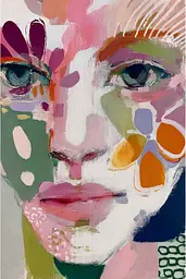 Midjourney generated image using SREF code Patchwork Pulse: A painting of a woman's face with flowers on her face.