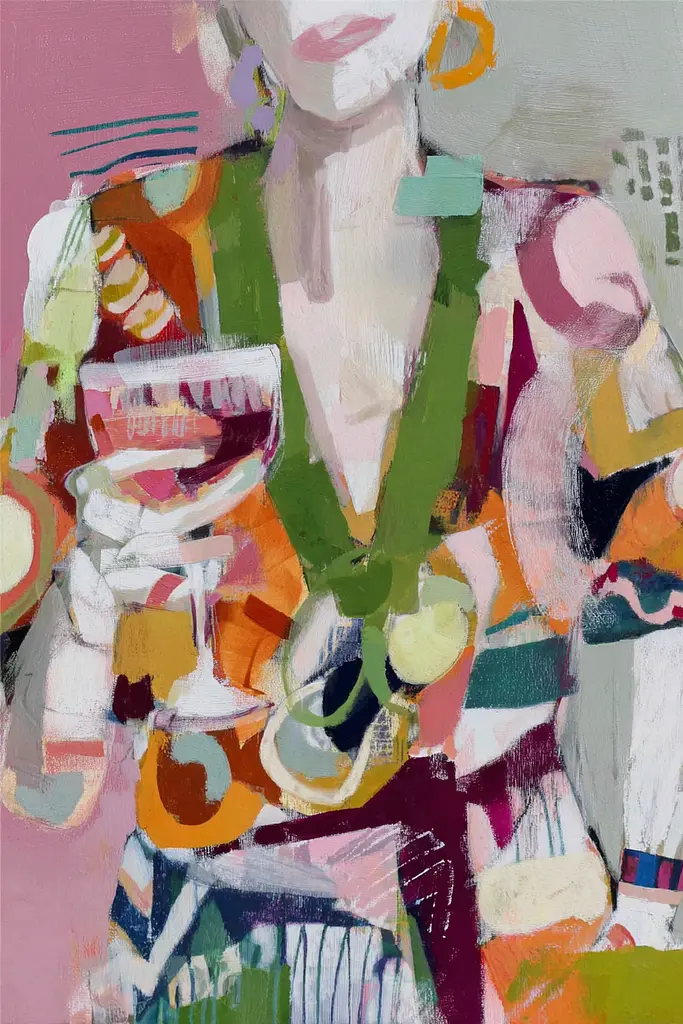 Midjourney generated image using SREF code Patchwork Pulse: A painting of a woman holding a glass of wine.