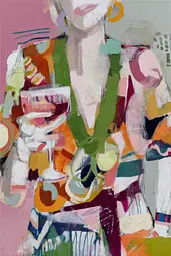 Midjourney generated image using SREF code Patchwork Pulse: A painting of a woman holding a glass of wine.
