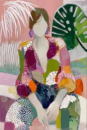 Midjourney generated image using SREF code Patchwork Pulse: A painting of a woman sitting on a couch.