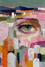 Midjourney generated image using SREF code Patchwork Pulse: A painting of a woman's face with a green eye.