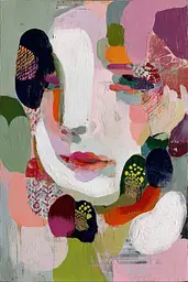 Midjourney generated image using SREF code Patchwork Pulse: A painting of a woman's face on a green background.