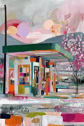 Midjourney generated image using SREF code Patchwork Pulse: A painting of a gas station with a tree in the foreground.