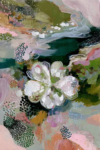 Midjourney generated image using SREF code Patchwork Pulse: A painting of a white flower on a green background.