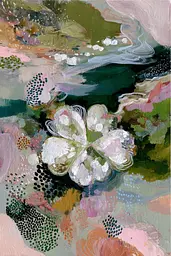 Midjourney generated image using SREF code Patchwork Pulse: A painting of a white flower on a green background.
