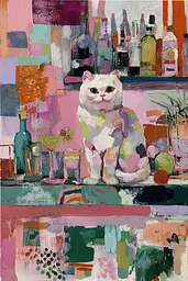 Midjourney generated image using SREF code Patchwork Pulse: A painting of a cat sitting on a bar counter.