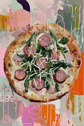 Midjourney generated image using SREF code Patchwork Pulse: A painting of a pizza on a colorful background.