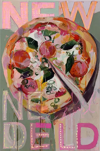 Midjourney generated image using SREF code Patchwork Pulse: A painting of a slice of pizza on a plate.