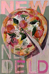 Midjourney generated image using SREF code Patchwork Pulse: A painting of a slice of pizza on a plate.