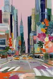 Midjourney generated image using SREF code Patchwork Pulse: A painting of a city street with flowers in the foreground.