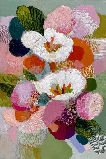 Midjourney generated image using SREF code Patchwork Pulse: A painting of a bouquet of flowers on a green background.