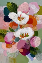 Midjourney generated image using SREF code Patchwork Pulse: A painting of a bouquet of flowers on a green background.