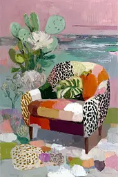 Midjourney generated image using SREF code Patchwork Pulse: A painting of a chair with a vase of flowers on it.