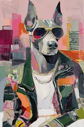 Midjourney generated image using SREF code Patchwork Pulse: A painting of a dog wearing sunglasses and a jacket.