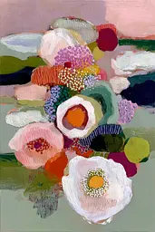Midjourney generated image using SREF code Patchwork Pulse: A painting of flowers in a vase on a table.