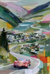 Midjourney generated image using SREF code Patchwork Pulse: A painting of a red sports car driving down a winding road.