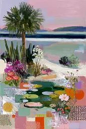 Midjourney generated image using SREF code Patchwork Pulse: A painting of a beach scene with a palm tree and flowers.