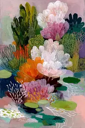 Midjourney generated image using SREF code Patchwork Pulse: A painting of flowers and plants in a pond.