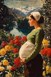 Midjourney generated image using SREF code Serene Monarch: A painting of a pregnant woman standing in a field of flowers.