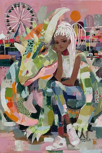 Midjourney generated image using SREF code Patchwork Pulse: A painting of a girl sitting on top of a green dragon.