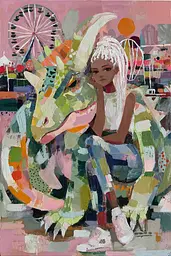 Midjourney generated image using SREF code Patchwork Pulse: A painting of a girl sitting on top of a green dragon.
