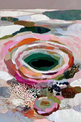 Midjourney generated image using SREF code Patchwork Pulse: A painting of a pink and green abstract painting.