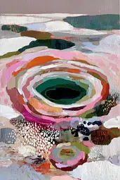 Midjourney generated image using SREF code Patchwork Pulse: A painting of a pink and green abstract painting.