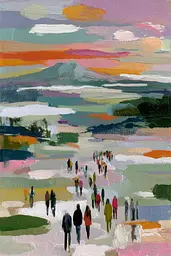 Midjourney generated image using SREF code Patchwork Pulse: A painting of people walking on a beach with a mountain in the background.