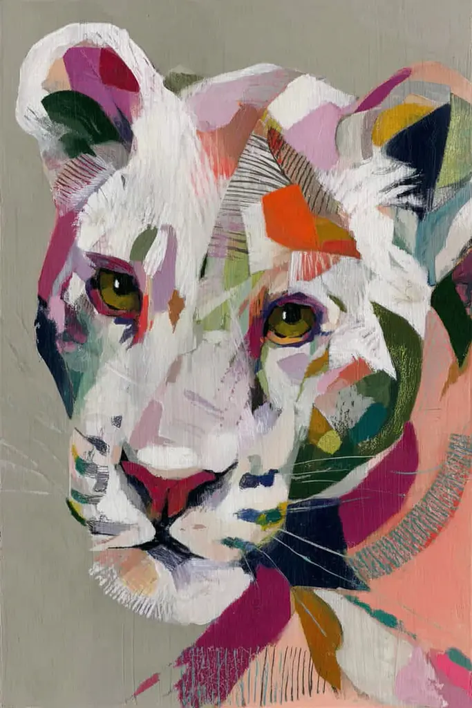 Midjourney generated image using SREF code Patchwork Pulse: A painting of a white lioness on a gray background.