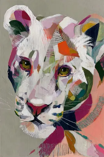 Midjourney generated image using SREF code Patchwork Pulse: A painting of a white lioness on a gray background.