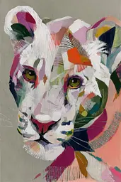 Midjourney generated image using SREF code Patchwork Pulse: A painting of a white lioness on a gray background.