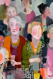 Midjourney generated image using SREF code Patchwork Pulse: A painting of a group of women sitting at a table.