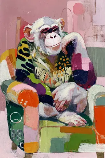Midjourney generated image using SREF code Patchwork Pulse: A painting of a monkey sitting in a chair.
