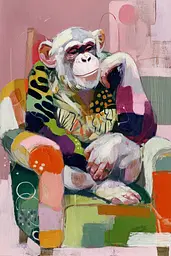 Midjourney generated image using SREF code Patchwork Pulse: A painting of a monkey sitting in a chair.