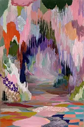 Midjourney generated image using SREF code Patchwork Pulse: A painting of a colorful landscape with trees and flowers.