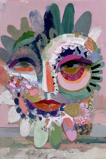 Midjourney generated image using SREF code Patchwork Pulse: A painting of a woman's face on a pink background.