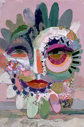 Midjourney generated image using SREF code Patchwork Pulse: A painting of a woman's face on a pink background.
